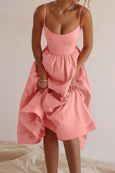 Solid Color U Neck Cinch Waist Spaghetti Strap Midi Dresses-Pink